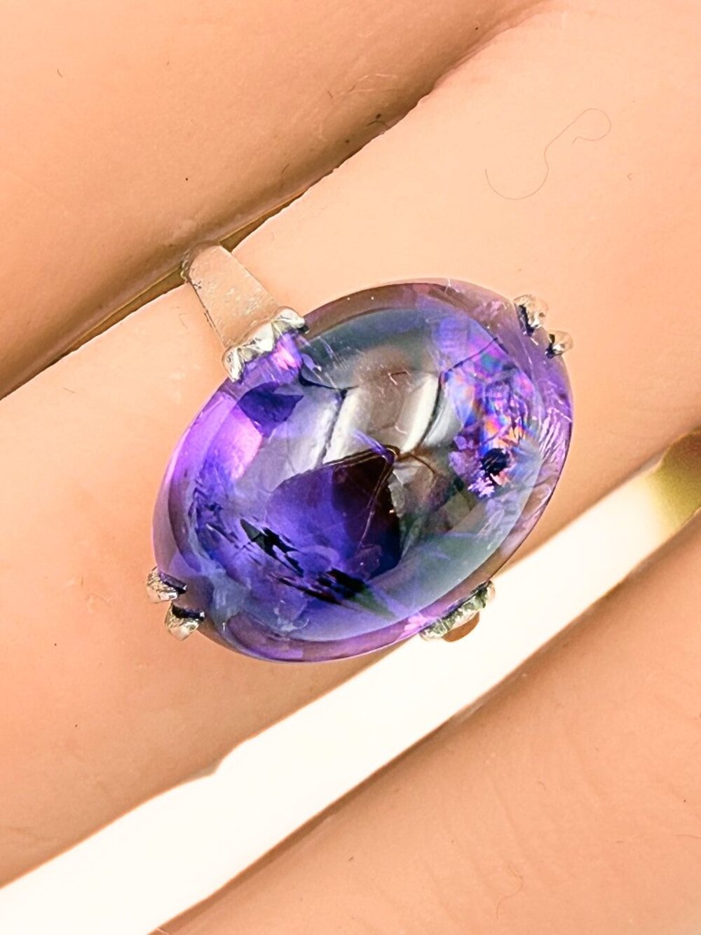 Antique Art Deco Marked Sterling Silver Amethyst Cab Cocktail Ring Sz 6